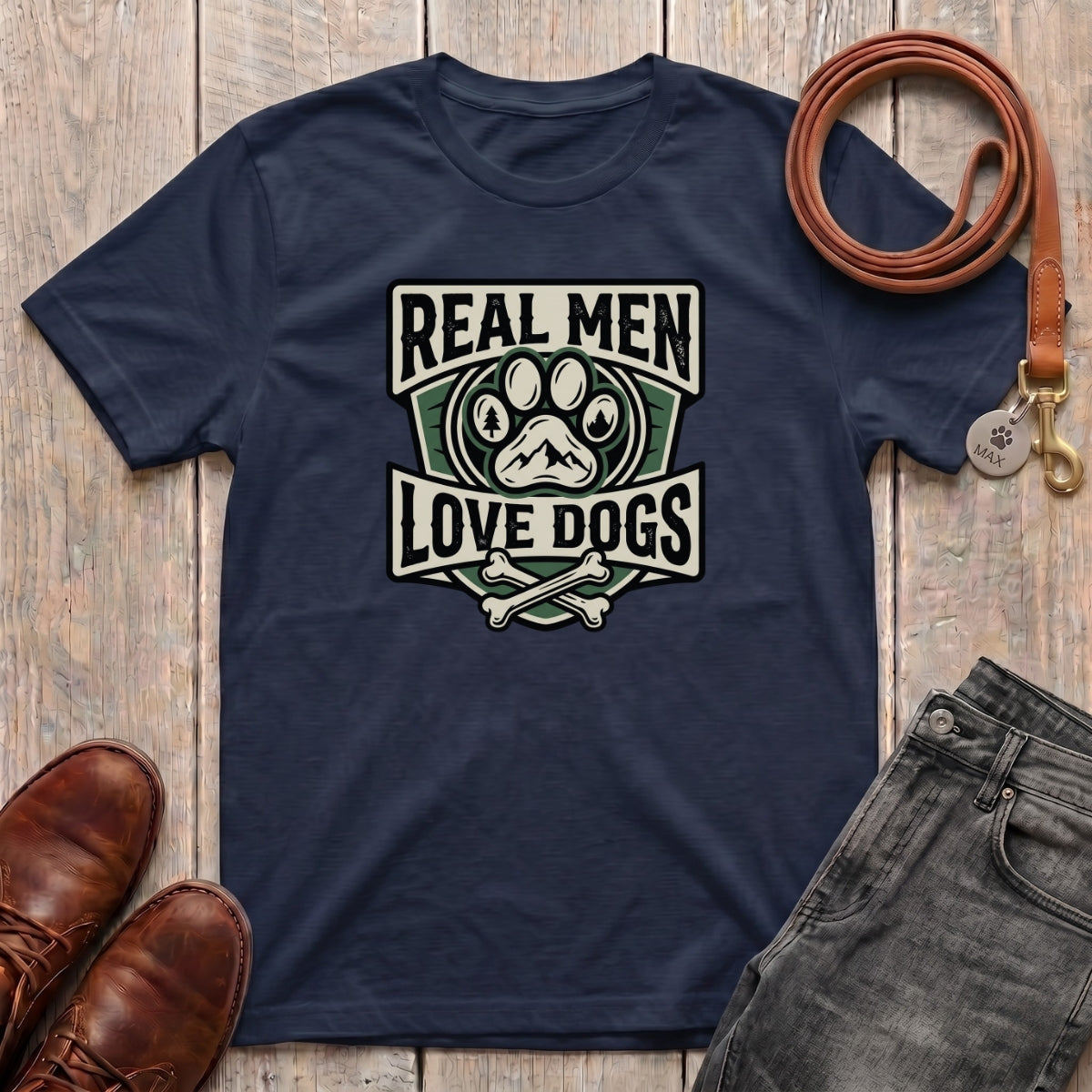 Fetchkind Real Men Love Dogs t-shirt in navy a bold gift for dog dads and dog lovers in the UK