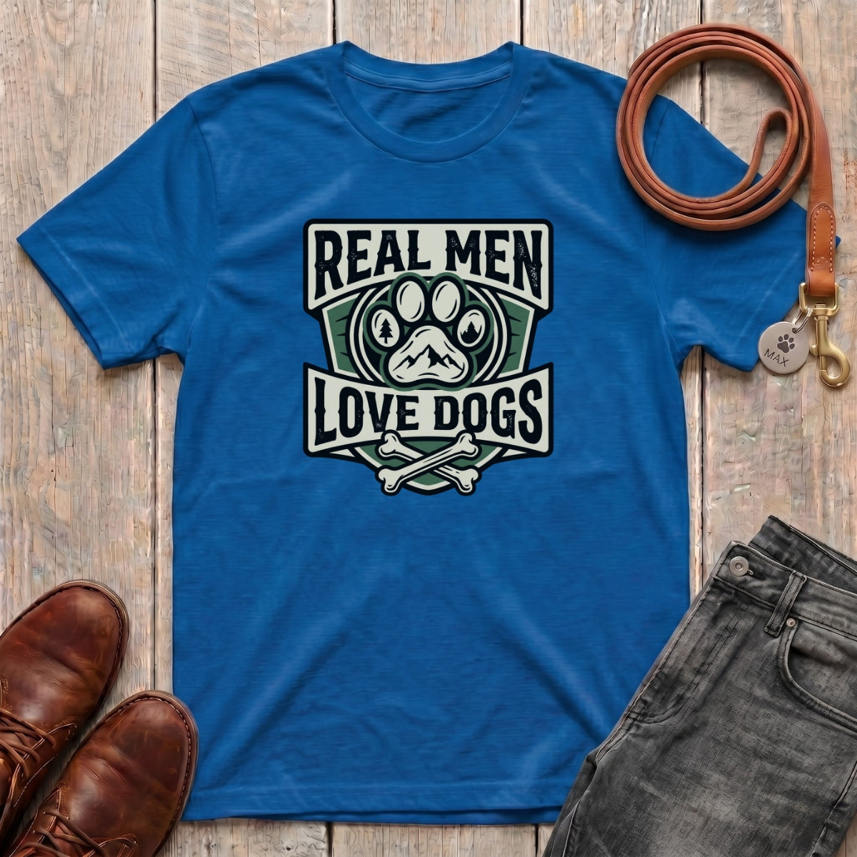 Fetchkind Real Men Love Dogs t-shirt in royal blue bold paw print badge dog dad gift from Fetchkind