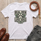 Fetchkind Real Men Love Dogs t-shirt in white with bold green shield badge and paw print design