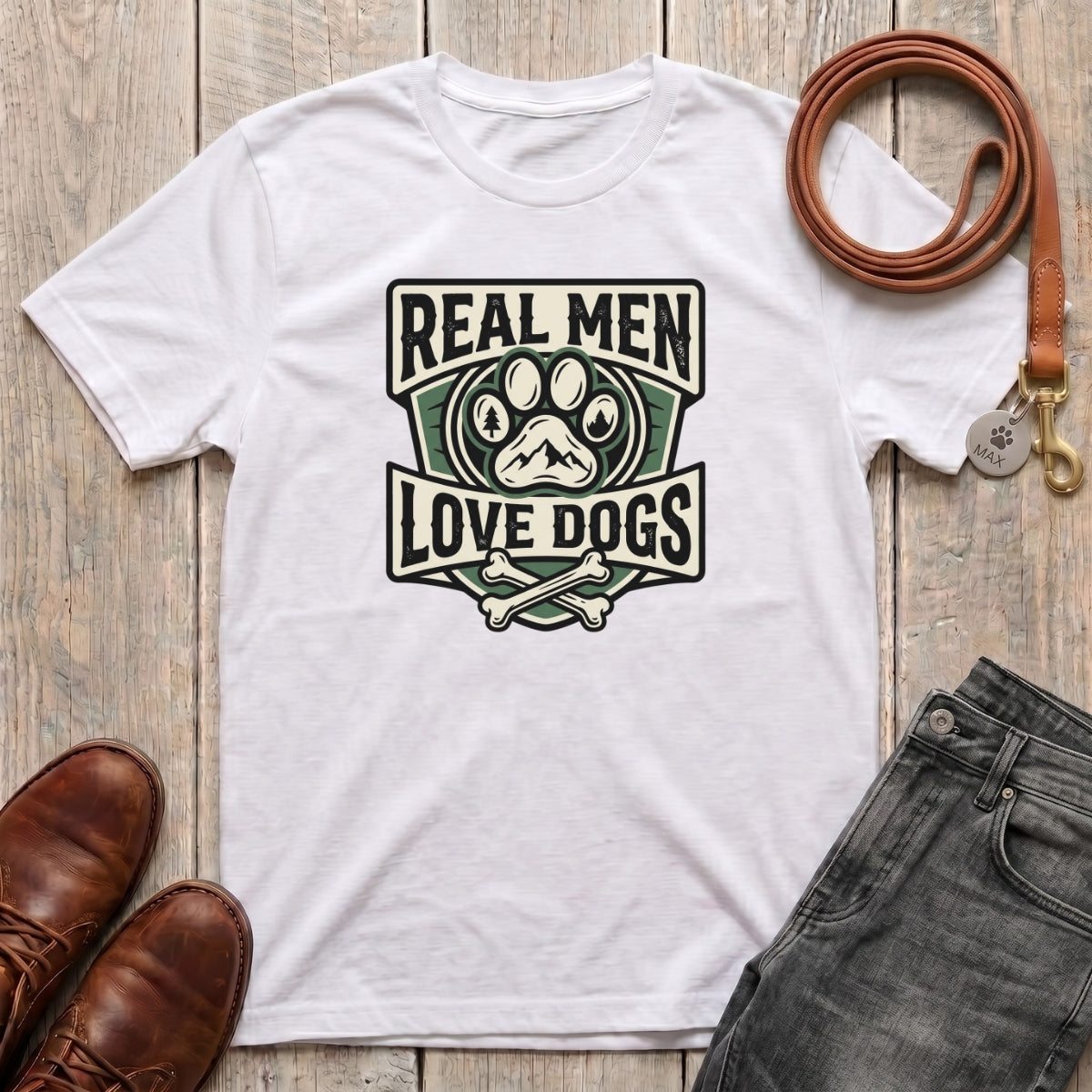 Fetchkind Real Men Love Dogs t-shirt in white with bold green shield badge and paw print design