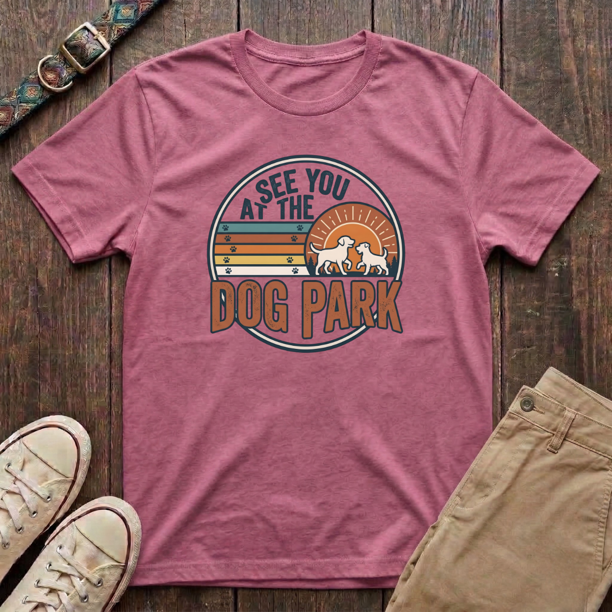 Azalea dog park t-shirt with See You at the Dog Park retro sunset badge design by Fetchkind