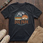 Black dog park t-shirt with See You at the Dog Park retro sunset badge design by Fetchkind