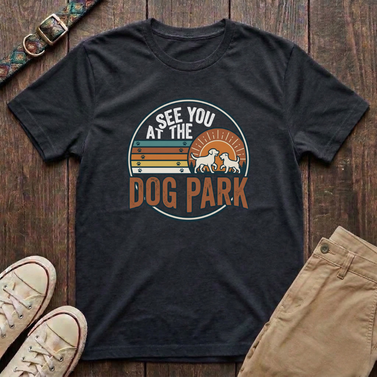 Black dog park t-shirt with See You at the Dog Park retro sunset badge design by Fetchkind