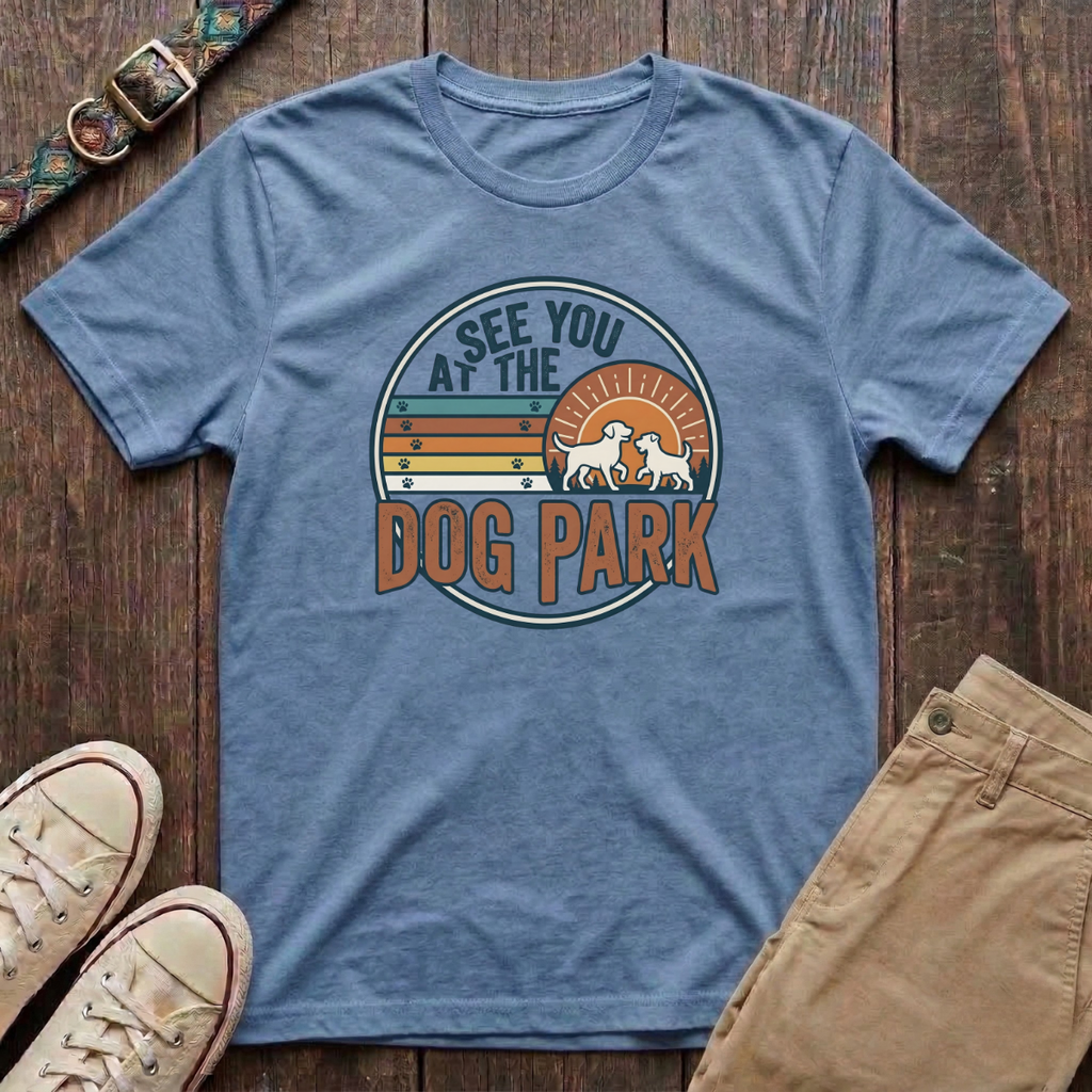 Light blue dog park t-shirt with See You at the Dog Park retro sunset badge design by Fetchkind