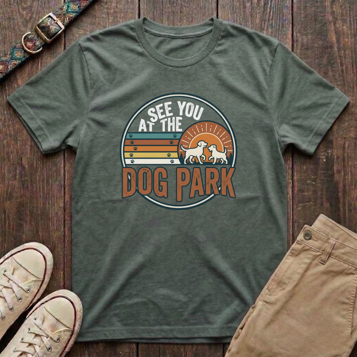 Military green dog park t-shirt with See You at the Dog Park retro sunset badge design by Fetchkind