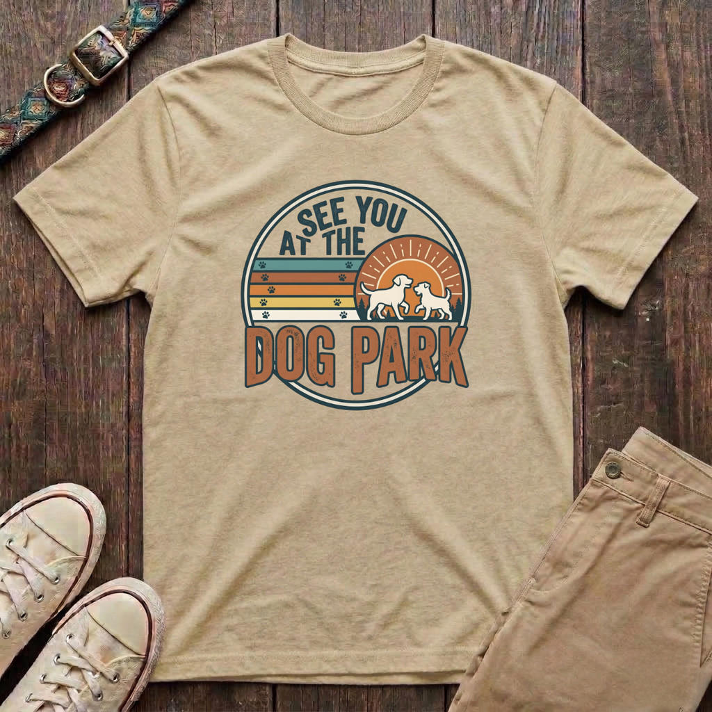 Natural dog park t-shirt with See You at the Dog Park retro sunset badge design by Fetchkind