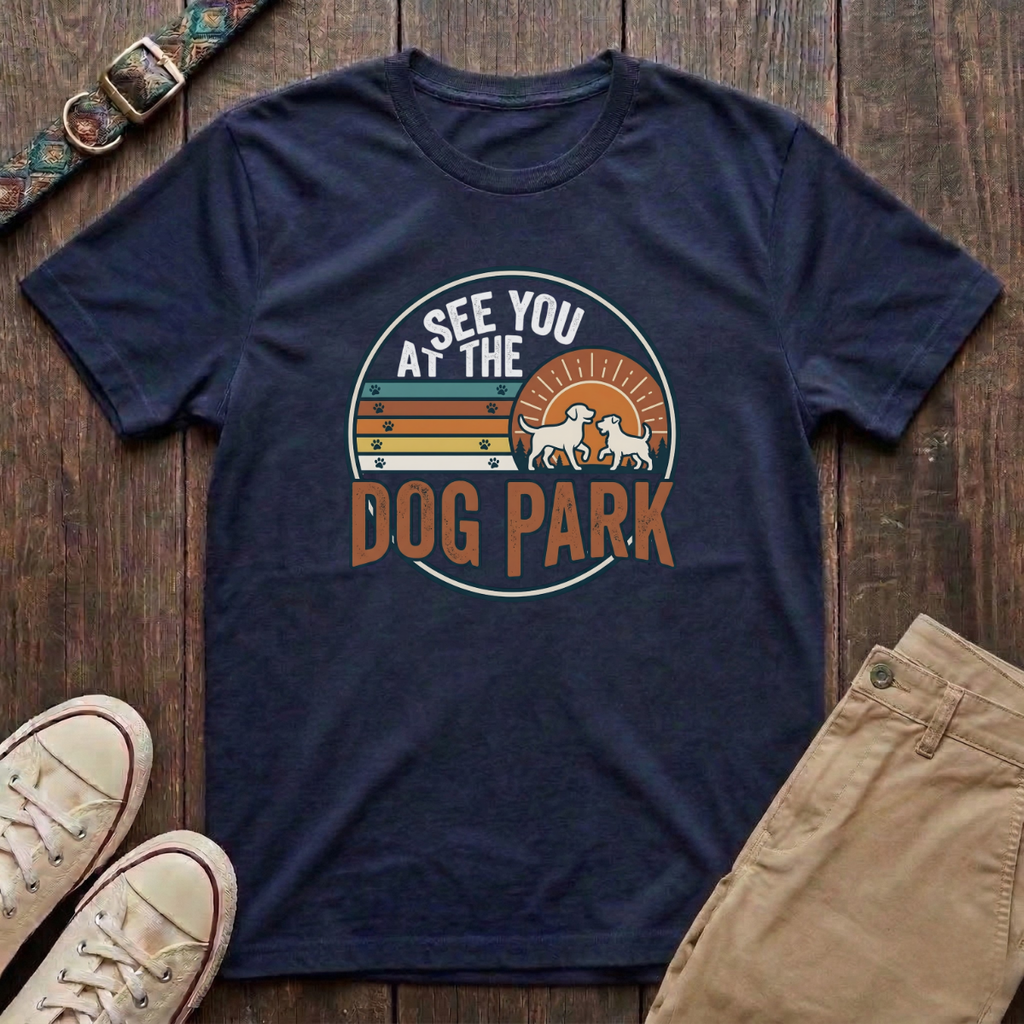 Navy dog park t-shirt with See You at the Dog Park retro sunset badge design by Fetchkind