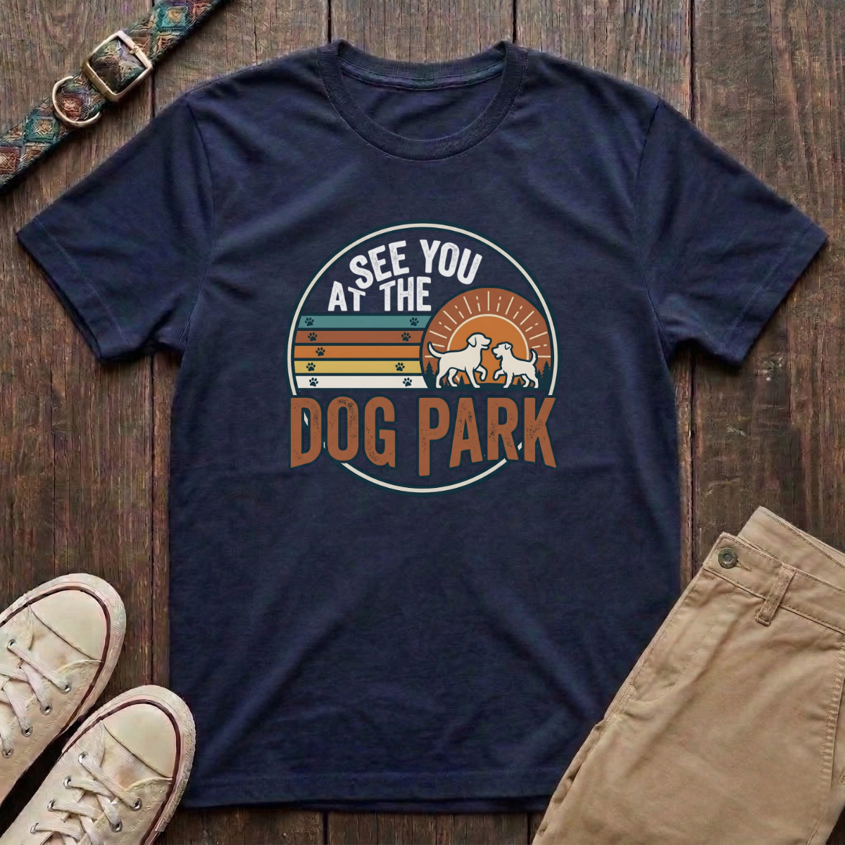 Navy dog park t-shirt with See You at the Dog Park retro sunset badge design by Fetchkind