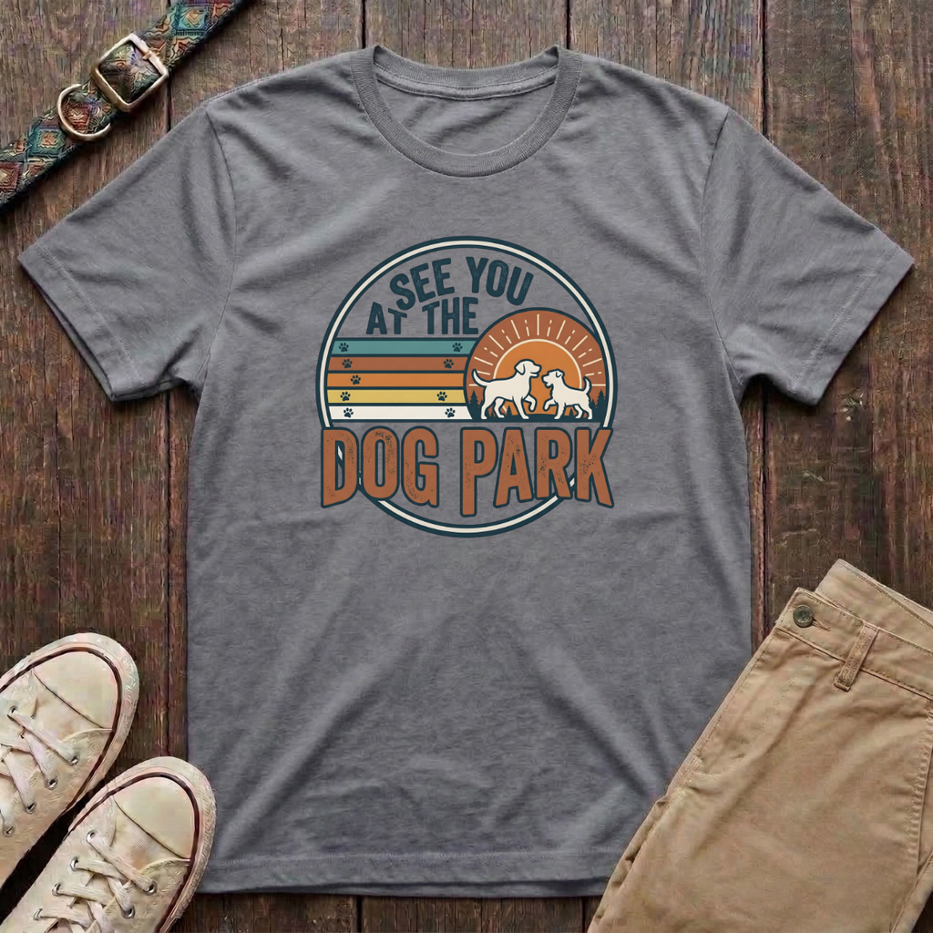 Sport grey dog park t-shirt with See You at the Dog Park retro sunset badge design by Fetchkind
