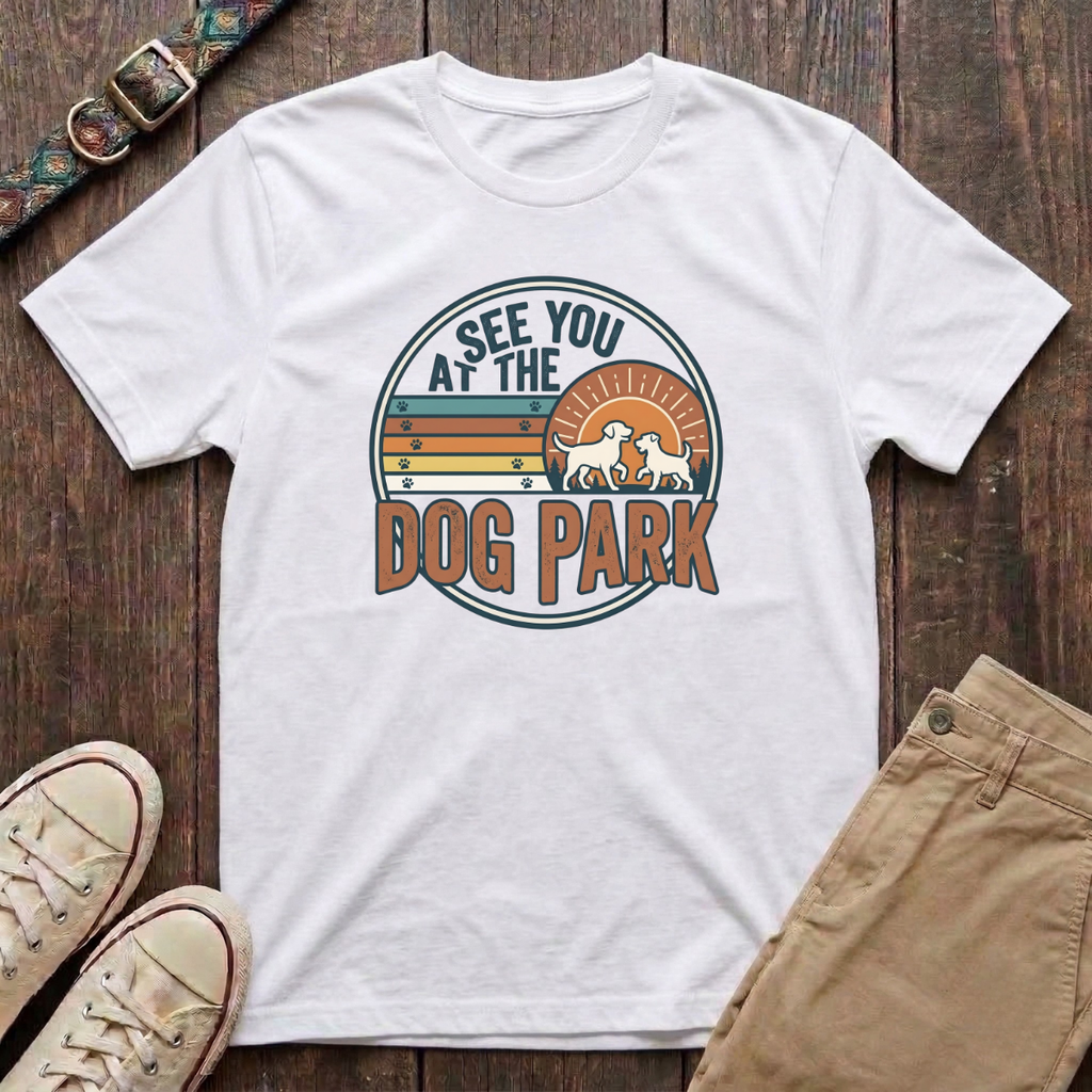 White dog park t-shirt with See You at the Dog Park retro sunset badge design by Fetchkind