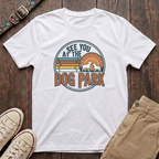 White dog park t-shirt with See You at the Dog Park retro sunset badge design by Fetchkind