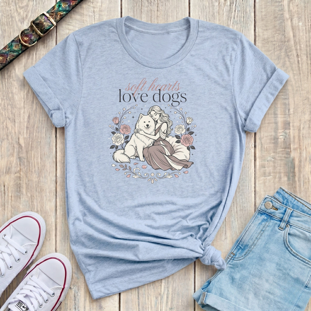 Fetchkind light blue soft hearts love dogs samoyed floral rose illustration tshirt UK