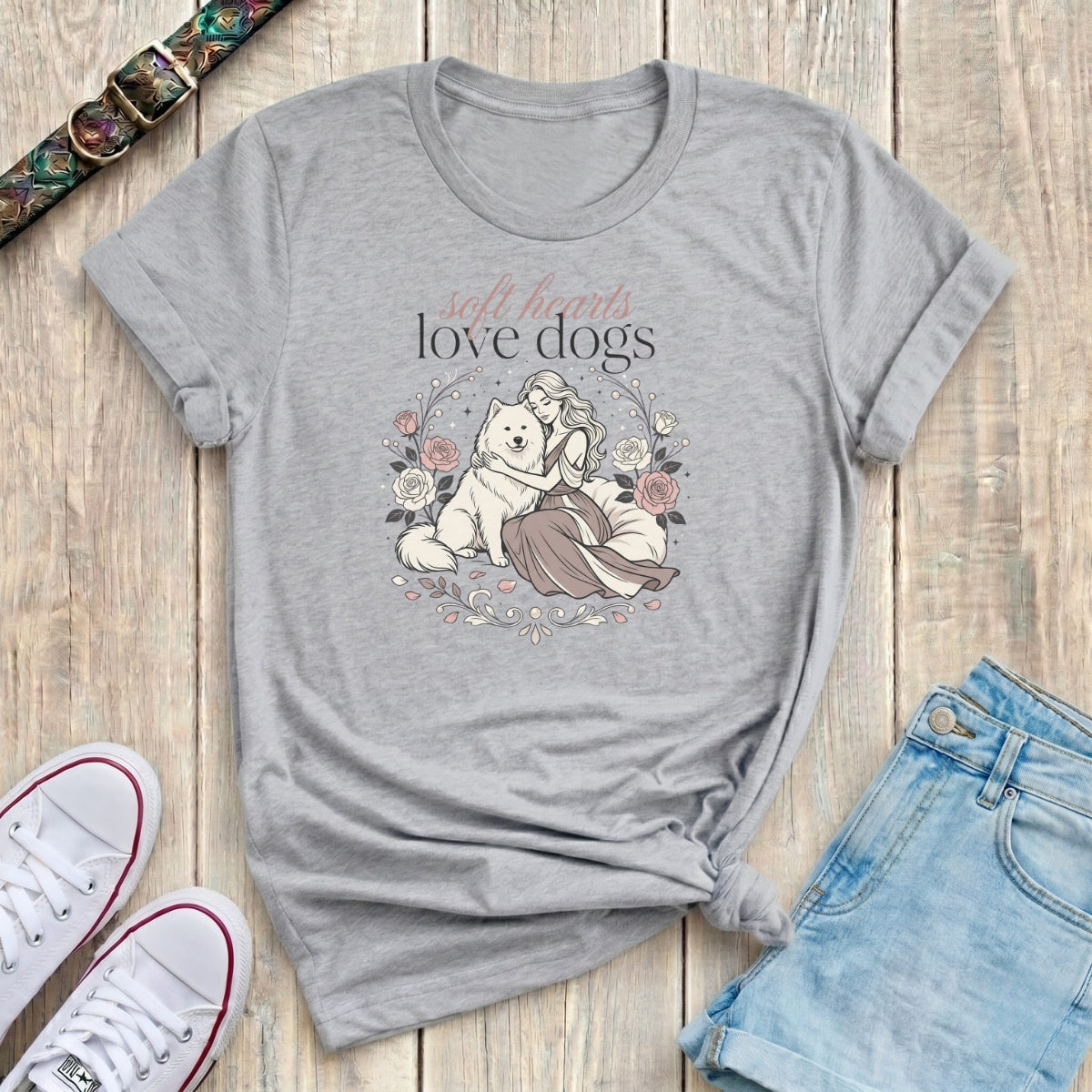 Fetchkind sport grey soft hearts love dogs samoyed floral illustration dog mum tshirt UK