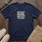 Navy dog lover t-shirt with Stay Home Hang With the Dog bold distressed block type and paw print by Fetchkind