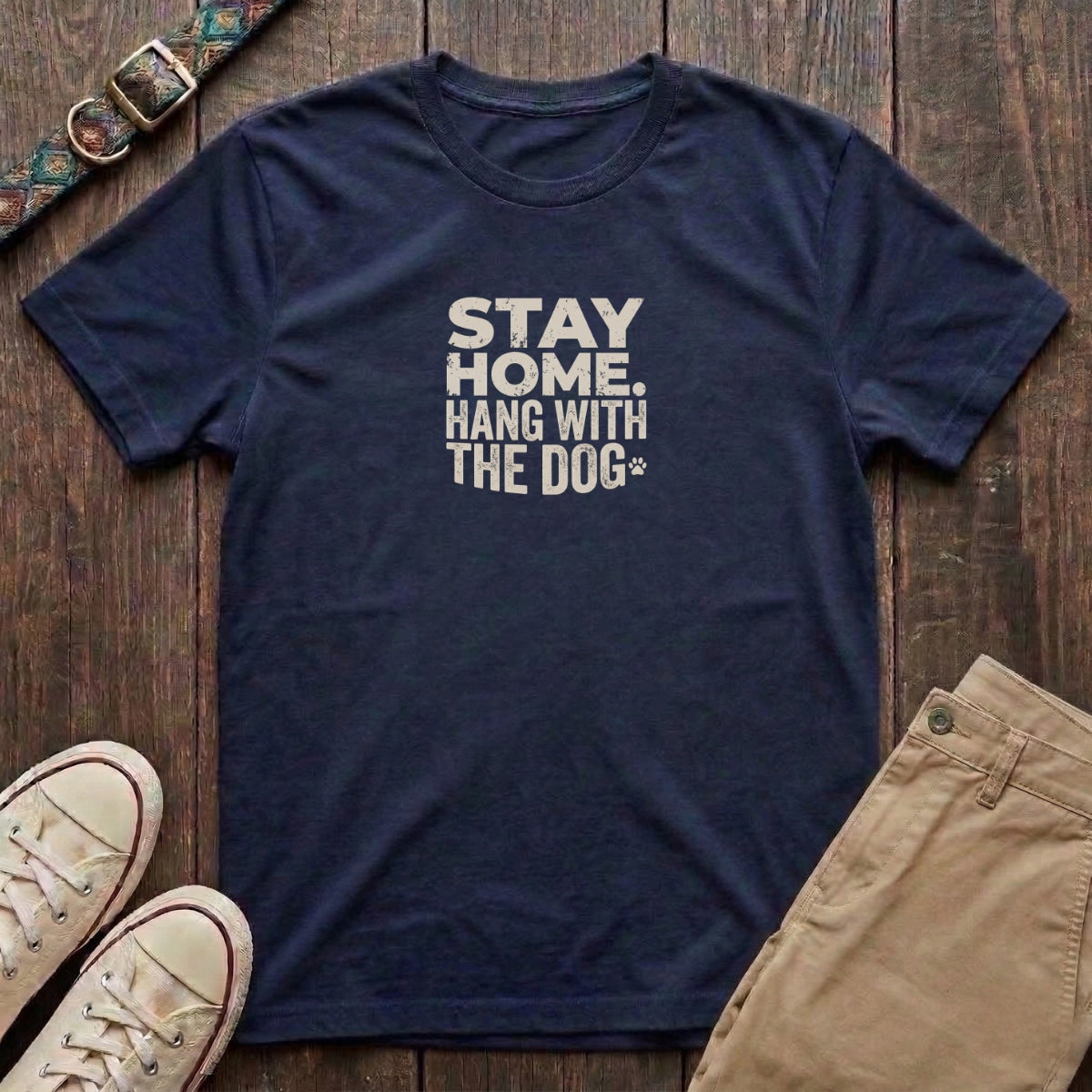 Navy dog lover t-shirt with Stay Home Hang With the Dog bold distressed block type and paw print by Fetchkind