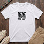 White dog lover t-shirt with Stay Home Hang With the Dog bold distressed block type and paw print by Fetchkind