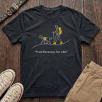 Black dog hiking t-shirt with Trail Partners for Life minimal line illustration of hiker and dog by Fetchkind