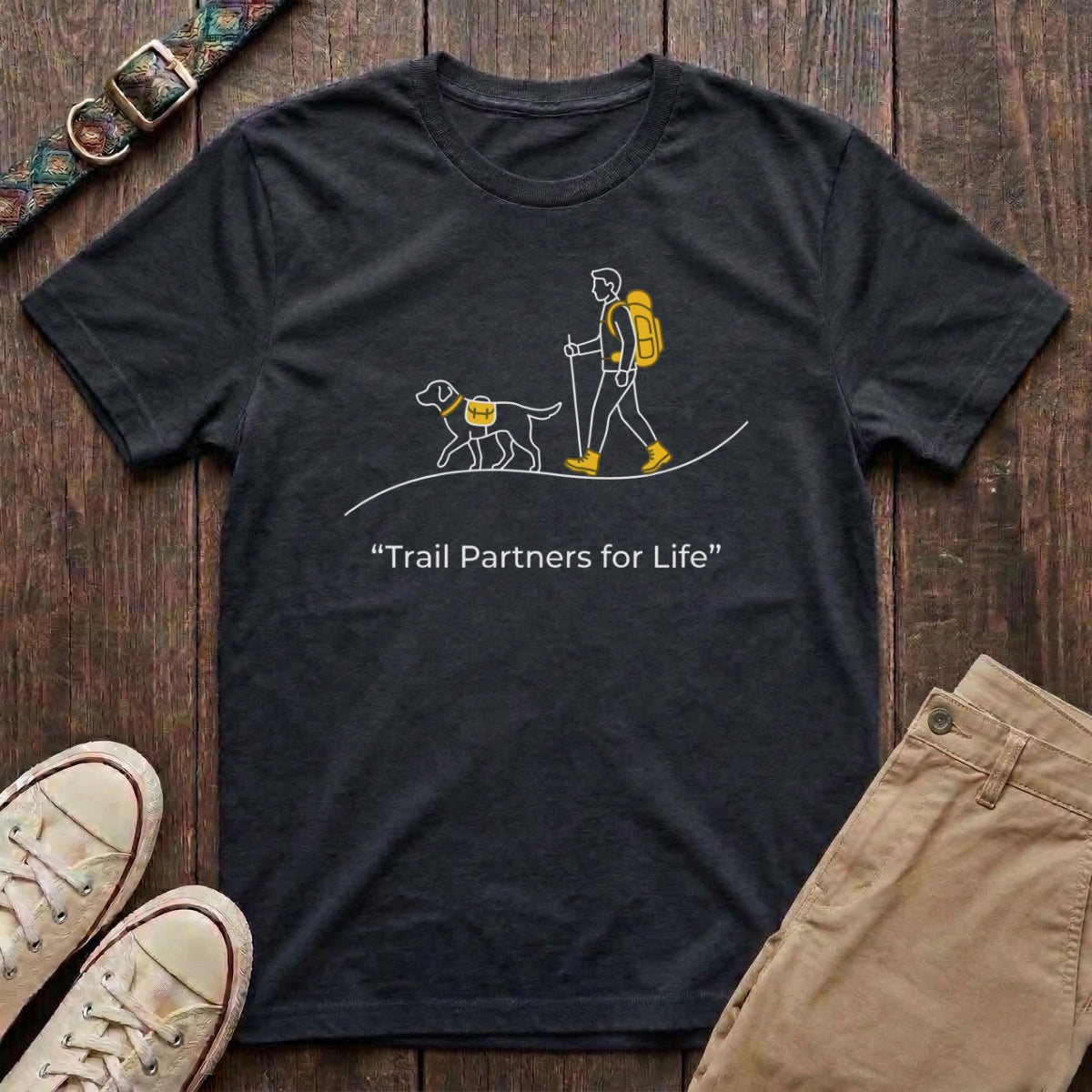 Black dog hiking t-shirt with Trail Partners for Life minimal line illustration of hiker and dog by Fetchkind