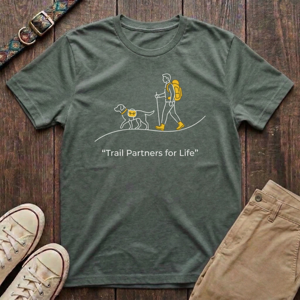 Military green dog hiking t-shirt with Trail Partners for Life minimal line illustration of hiker and dog by Fetchkind