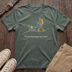Military green dog hiking t-shirt with Trail Partners for Life minimal line illustration of hiker and dog by Fetchkind