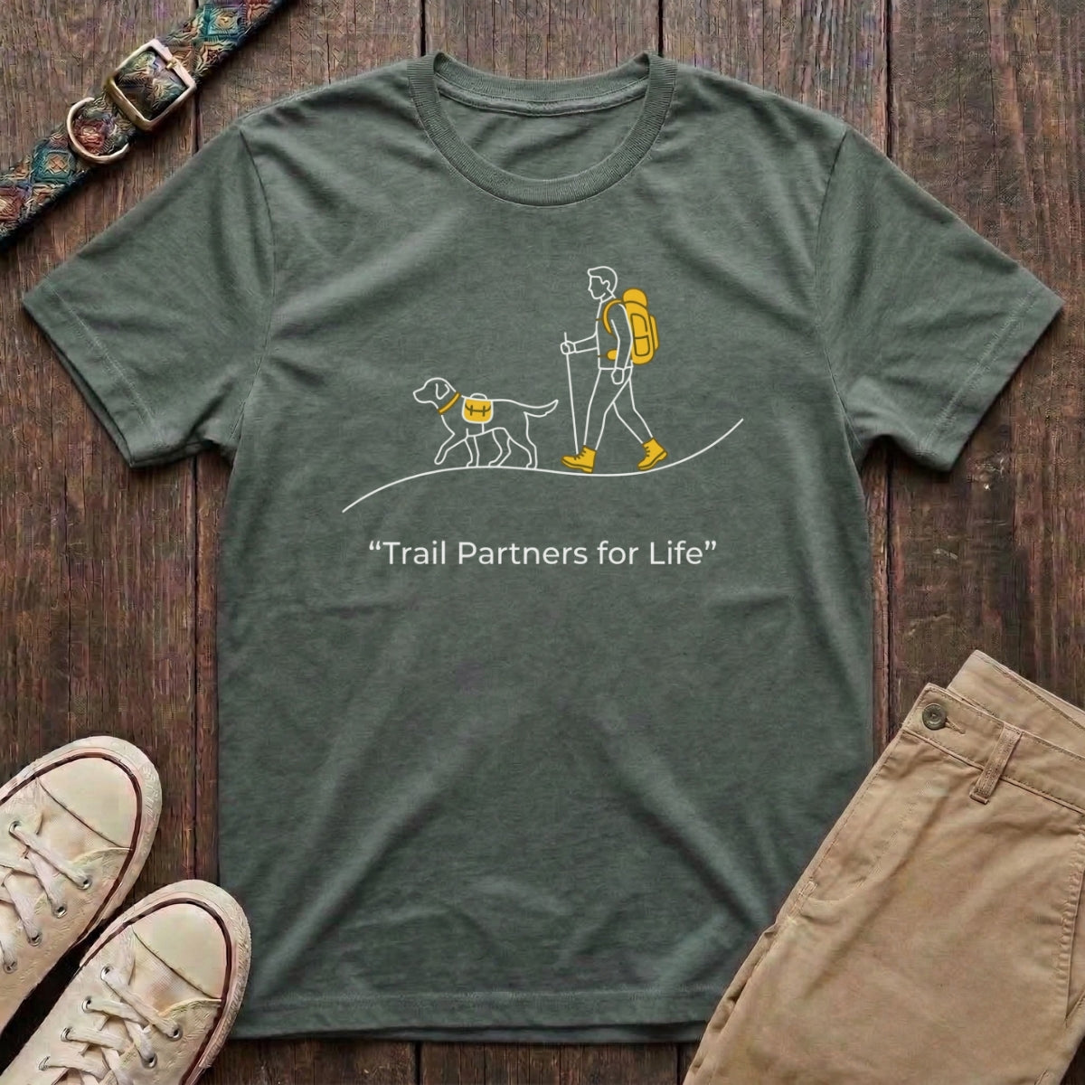 Military green dog hiking t-shirt with Trail Partners for Life minimal line illustration of hiker and dog by Fetchkind