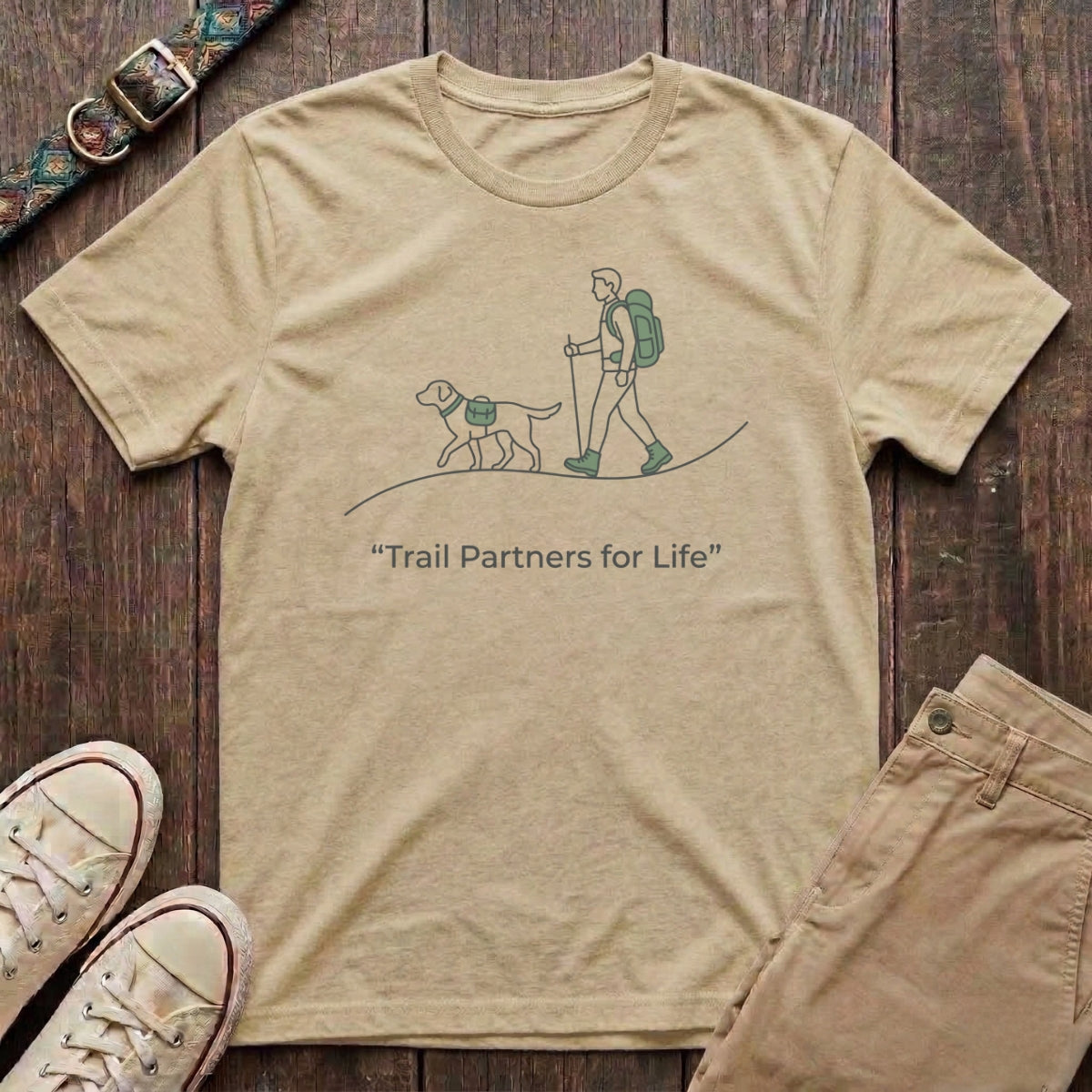 Natural dog hiking t-shirt with Trail Partners for Life minimal line illustration of hiker and dog by Fetchkind