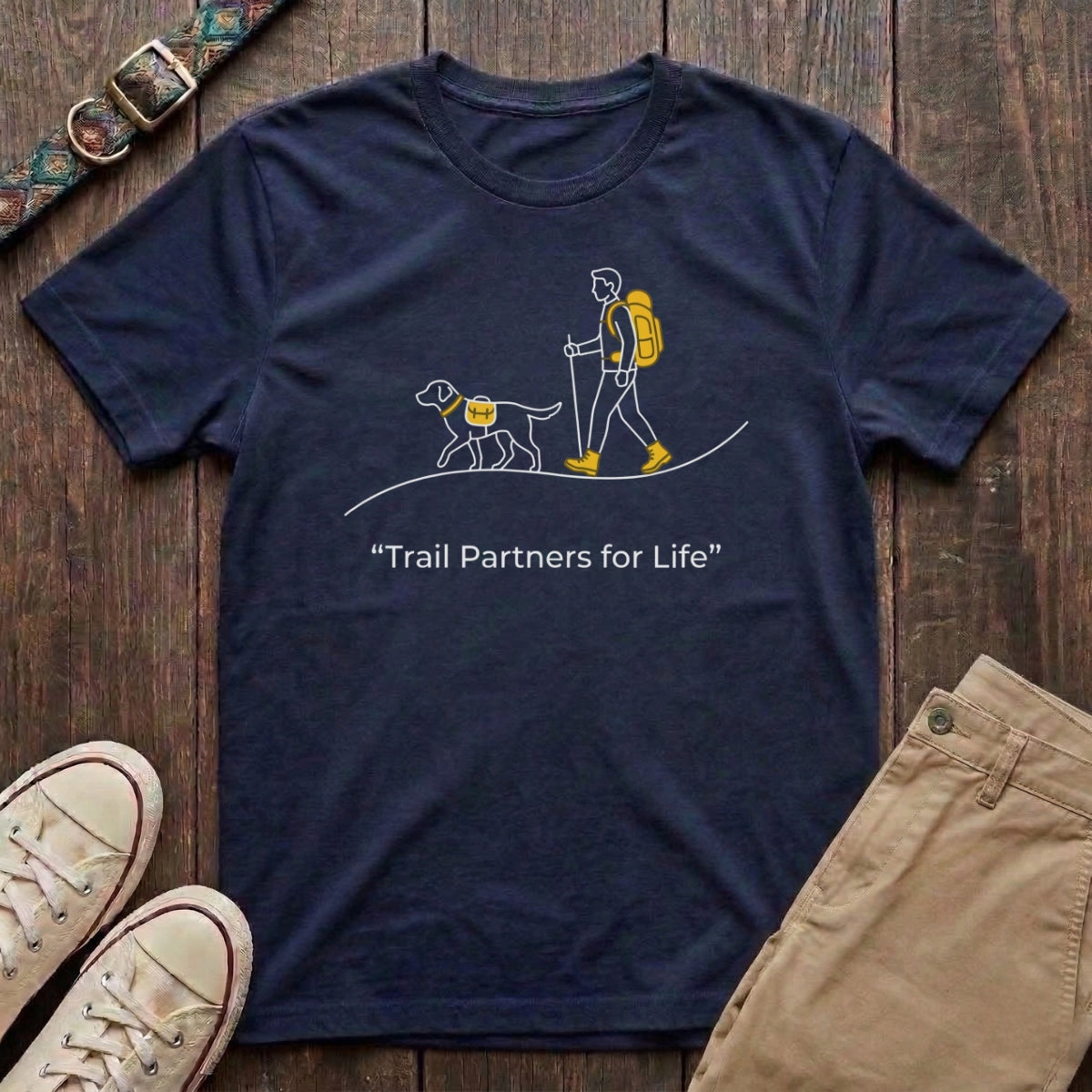 Navy dog hiking t-shirt with Trail Partners for Life minimal line illustration of hiker and dog by Fetchkind
