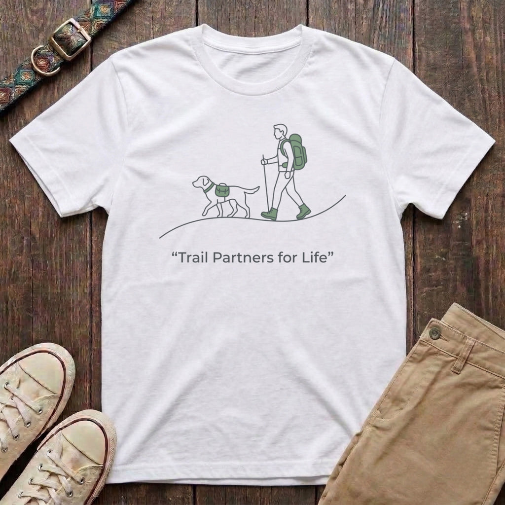 White dog hiking t-shirt with Trail Partners for Life minimal line illustration of hiker and dog by Fetchkind