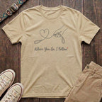 Natural dog lover t-shirt with Where You Go I Follow line art hand and heart lead design by Fetchkind