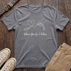 Sport grey dog lover t-shirt with Where You Go I Follow line art hand and heart lead design by Fetchkind