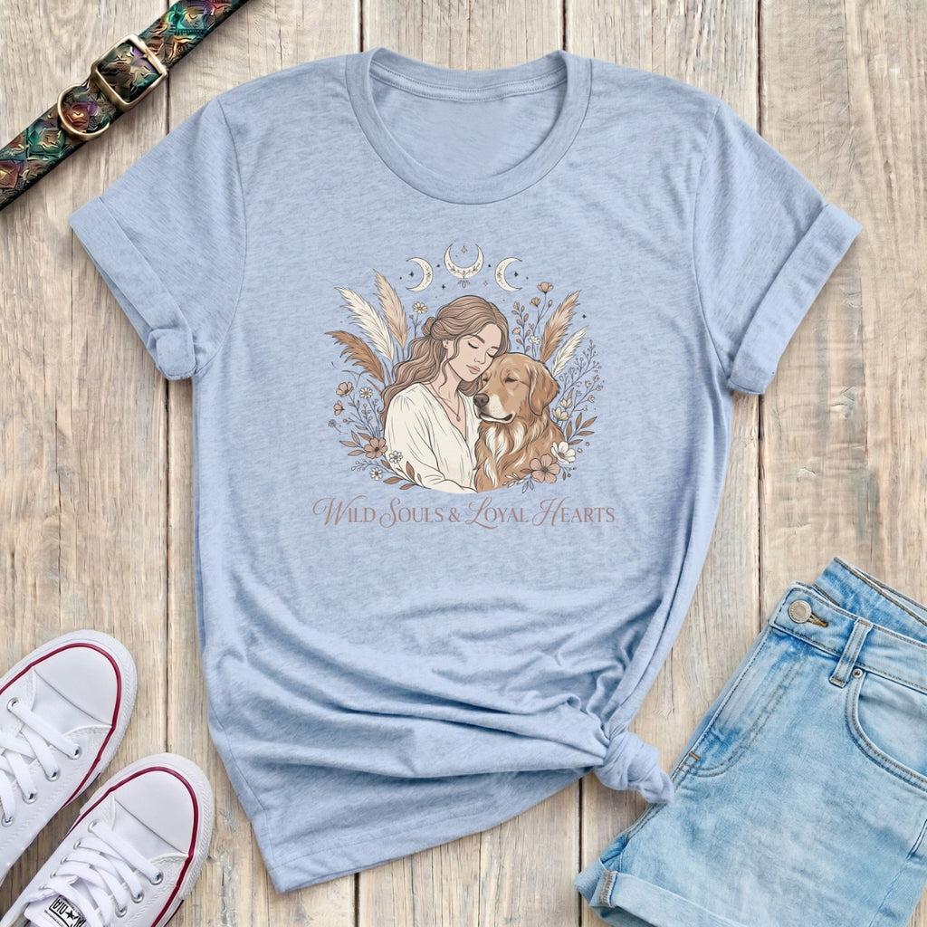 Fetchkind light blue wild souls loyal hearts golden retriever boho celestial tshirt UK