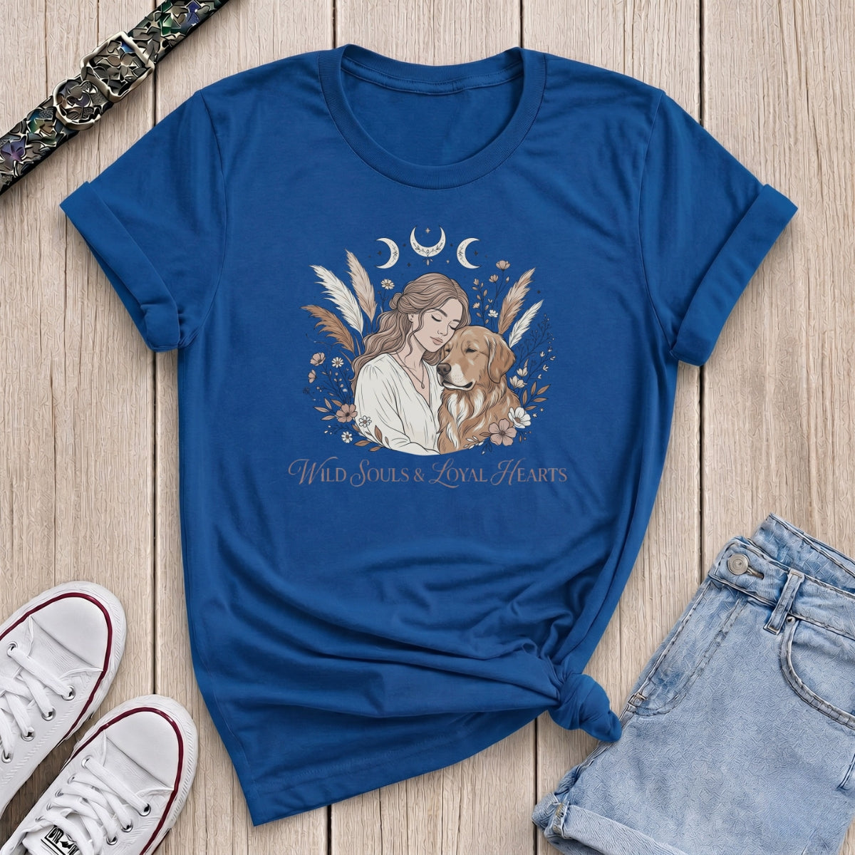 Fetchkind royal blue wild souls loyal hearts golden retriever boho celestial dog mum tee
