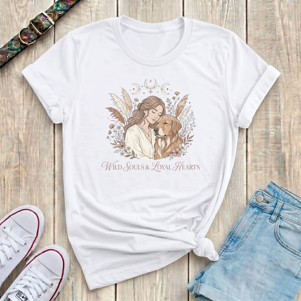 Fetchkind white wild souls loyal hearts golden retriever boho floral moon illustration tee